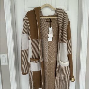 Brown and White Houndstooth Hooded Coat